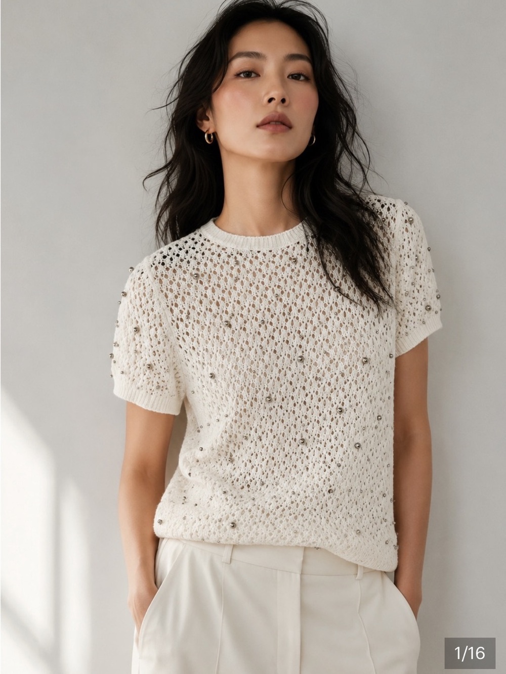 Jason Wu Cream Open-Knit Short Sleeve Sweater with Bead Accents